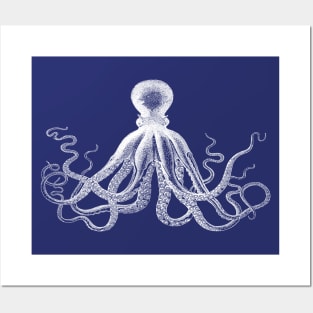 Octopus | Vintage Octopus | Tentacles | Sea Creatures | Nautical | Ocean | Sea | Beach | Navy Blue and White | Posters and Art